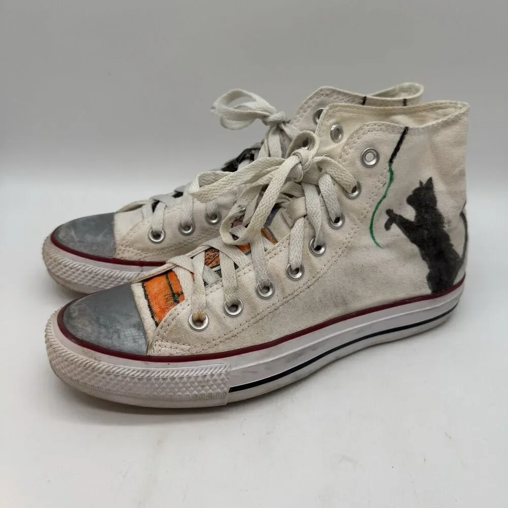 Converse All Star Hi Optical White Canvas Shoes M7650 Women's 9 Hand Painted Cat